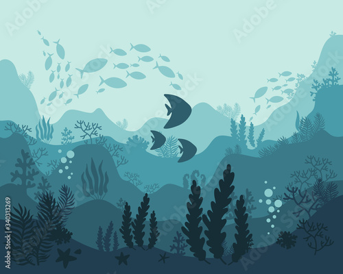 background underwater world, sea ocean, fish animals, algae and coral reefs, vector illustration hand drawing