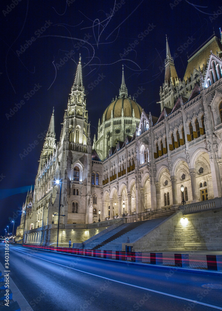 The Danube River side of the Hungarian Parliament Building in Budapest, Hungary
