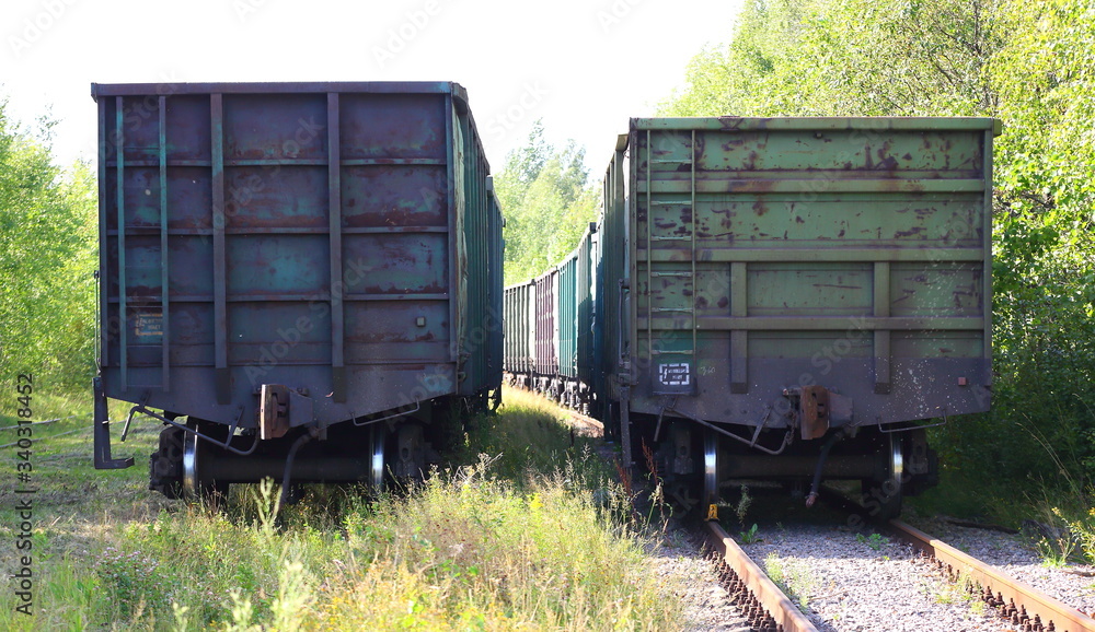 Freight train on the railway track overgrown with grass Freight train on the railway track overgrown with grass