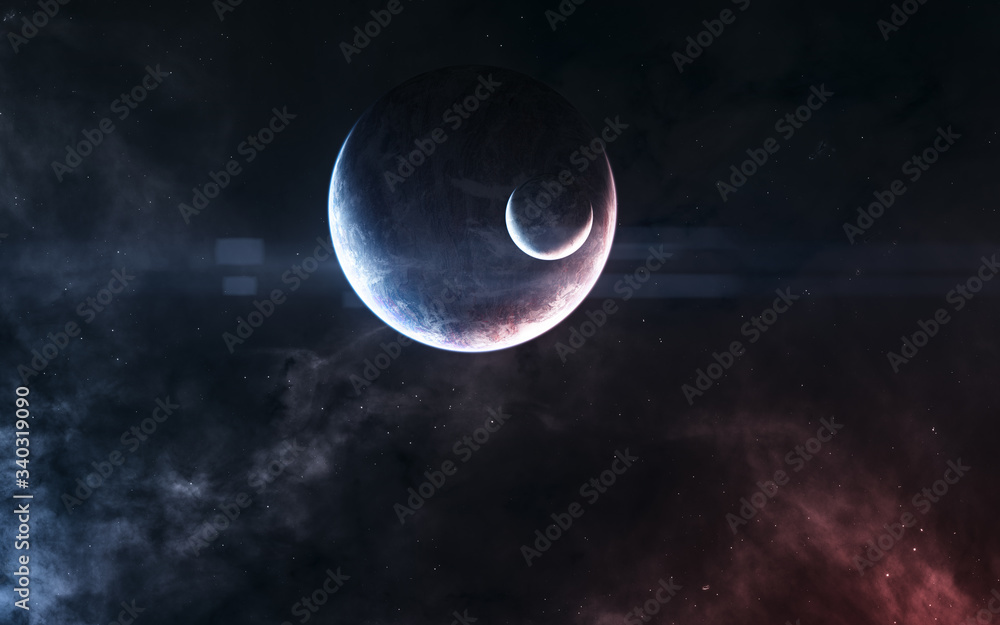 Planets in light of red and blue stars. Nebulae of deep space. Science fiction. Elements of this image furnished by NASA