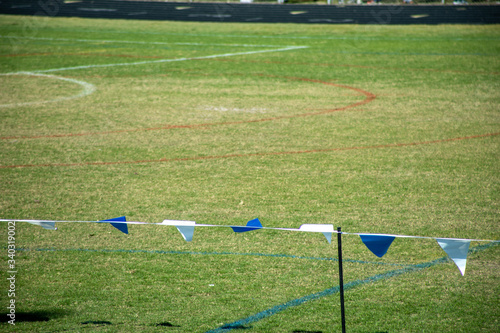 Flag border on the grassy green sports field
