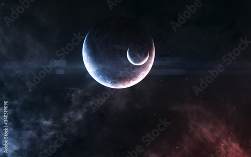 Fototapeta Naklejka Na Ścianę i Meble -  Planets in light of red and blue stars. Nebulae of deep space. Science fiction. Elements of this image furnished by NASA