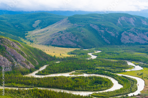 ribbon of river in mountain valley, winding riverbed among coniferous forests with panoramic views