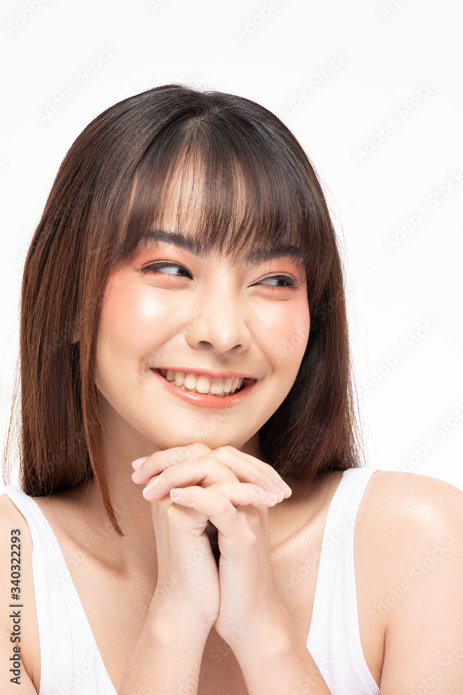 Young Beautiful Asian woman smile holding hands with clean and fresh skin Happiness and cheerful with positive emotional,isolated on white background,Beauty Cosmetics and spa Treatment Concept Young Beautiful Asian woman smile holding hands with clean and fresh skin Happiness and cheerful with positive emotional,isolated on white background,Beauty Cosmetics and spa Treatment Concept