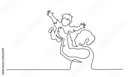 Continuous one line drawing. Grandfather tosses grand son.