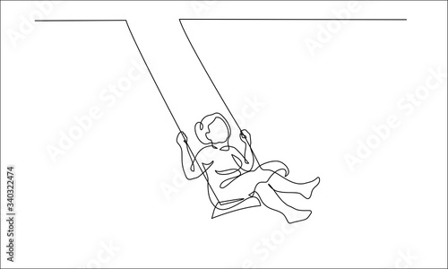 Continuous one line drawing. Elderly woman swinging on swing