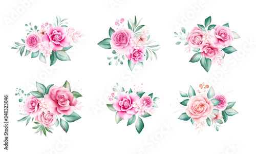 Set of watercolor flowers bouquet. Floral illustration of soft peach roses, leaves, and buds arrangement. Botanic composition design for wedding, greeting card isolated white background