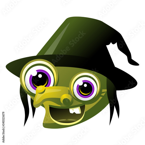 Funny green witch with a single tooth, a crooked nose with a wart, big purples eyes and a crooked black hat. Can represent Halloween, October, witchcraft, magic spells, sorcery, ugliness and emotions.