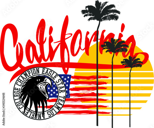california surfer, eagle and palm tree hand drawing graphic design vector art