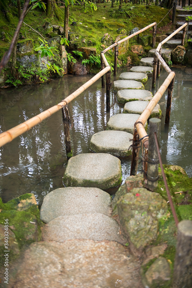 stepping stones in pond, japanese garden, Kyoto, Japan