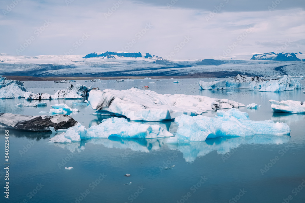 view from the top of the glaciers and the blue ice lagoon in iceland in summer