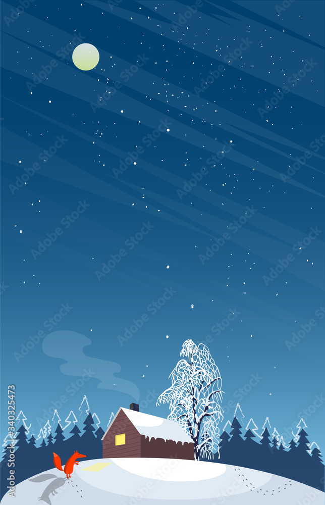 Fototapeta premium Vector illustration of a house with a shining window in a winter forest.Red Fox looks in the window of the house.Vertical banner winter night landscape with moon.