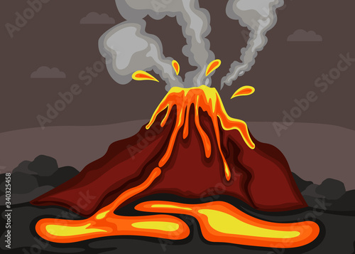 Volcano eruption of orange lava flows down the hill. Nature disaster and climate change concept background.