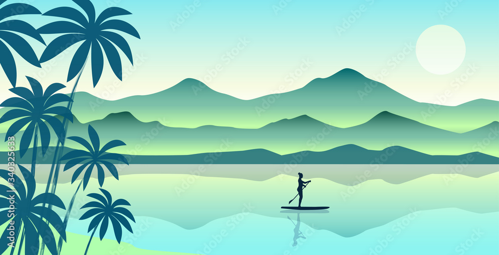 Vector illustration of a beautiful girl standing on a kayak with a paddle in her hand, floating in the ocean past rocks.