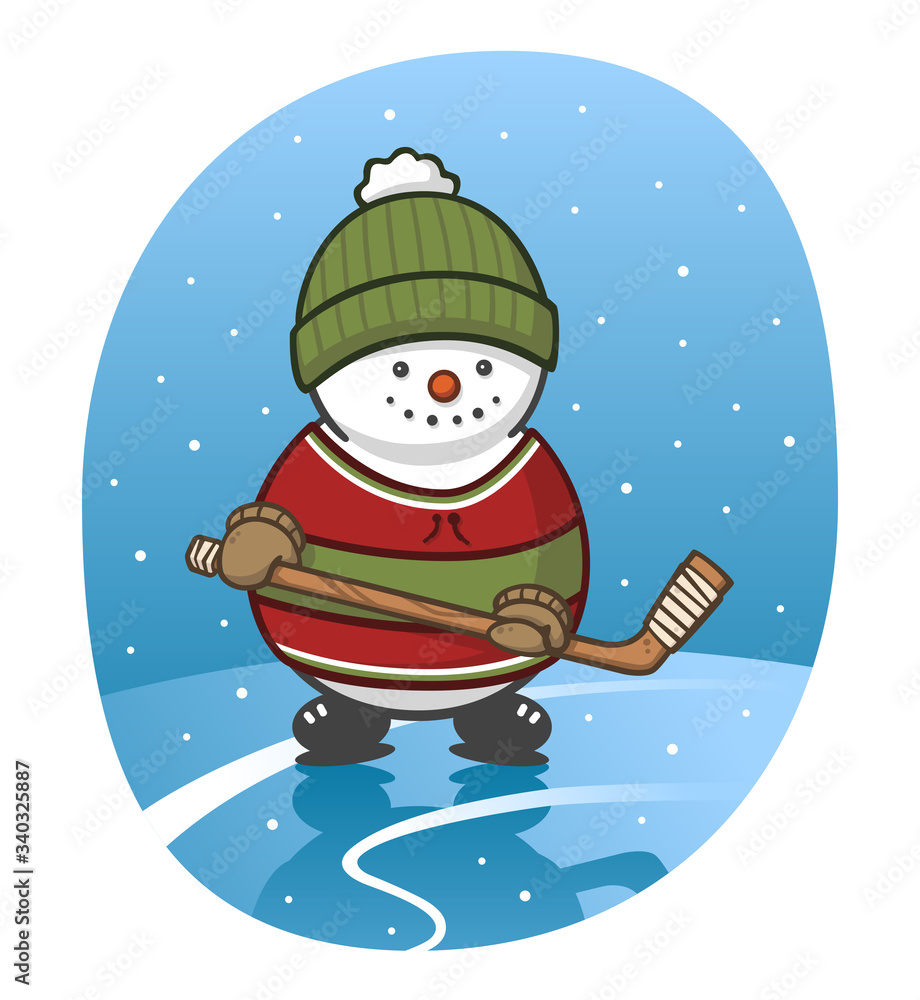 Obraz premium Vector cartoon drawing of a snowman with old hockey equipment (hat, jersey, stick, skates) on a frozen lake.