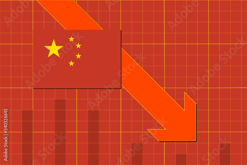 Info graph chart showing the flag of China and red arrow going down representing economic decline. 