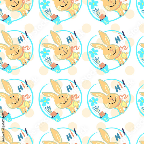 Seamless pattern with cute Easter Bunny background with polka dots. Hi! unique rabbit vector seamless clipart elements isolated on white perfect for print and all kinds of design.