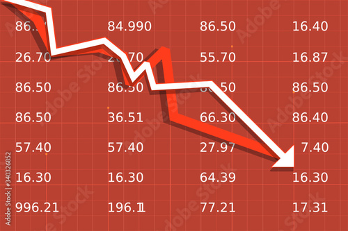 Arrows going down in front of numbers and red background. Concept representing stock market crash. Vector.