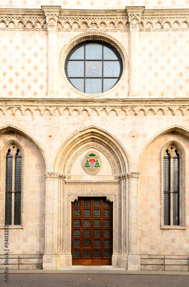 The Santa Maria Annunciata church, the Duomo of Vicenza, Italy. Here a detail of the highly decorated white and pink marble facade