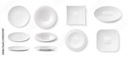 Realistic plates. White empty 3D dishes and bowls mockup, kitchen dining ceramic round tableware for food. Vector illustration isolated blank crockery set on transparent background