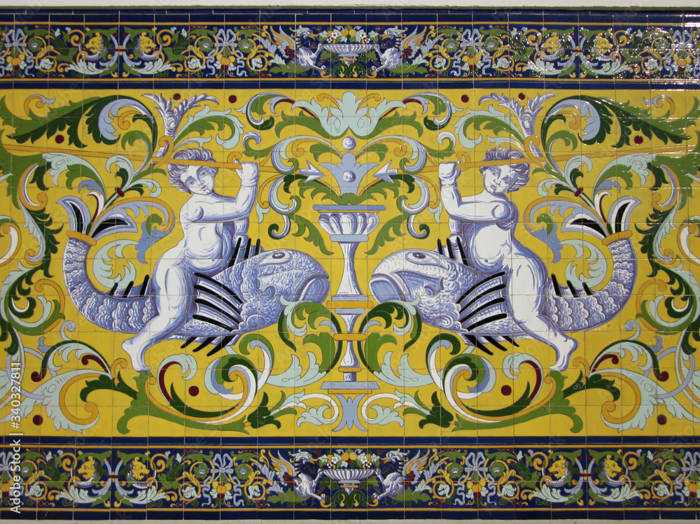 Tiled baseboard in a building in the streets of Sanlucar. Spain. 