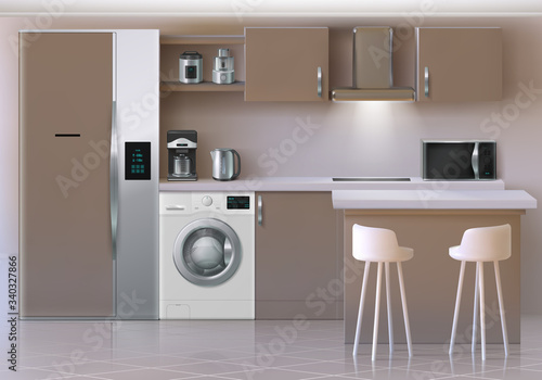 Realistic kitchen interior. Electronic household devices utensils and furniture, fridge oven shelves and table. Vector illustrations 3D kitchen mockup with microwave, kettle, coffee maker