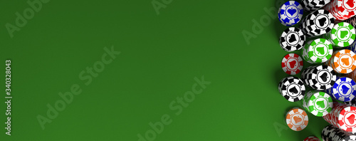 Casino poker chips on green table from top view. 3D render