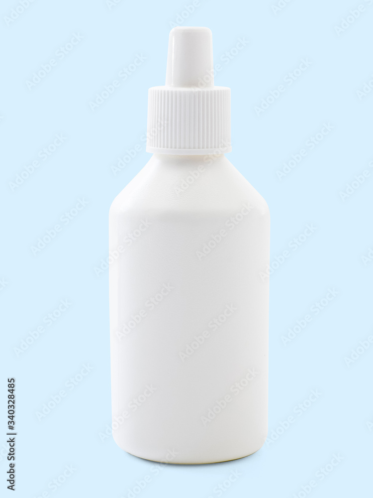 Layout of a white plastic bubble on a blue background, mock up, Black Label, close-up. Template or blank for the designer. Concept of medicine and hygiene. White empty plastic bottle, mock up Layout of a white plastic bubble on a blue background, mock up, Black Label, close-up. Template or blank for the designer. Concept of medicine and hygiene. White empty plastic bottle, mock up