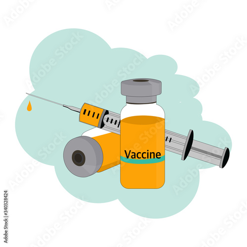 Time to vaccinate. Vector illustration with syringe with vaccine, bottle and medical vaccine. Corona virus covid-19 vaccine concept. Corona virus cure. Injection.