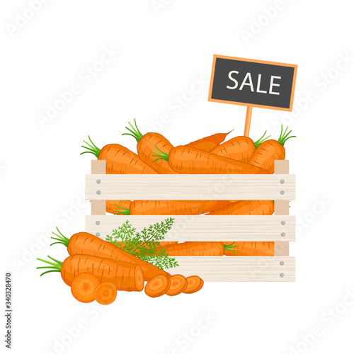 Carrots in a wooden box with a sign for the price. Selling organic farm-grown organic vegetables. Vector illustration on the theme of harvest, festivals and fairs.