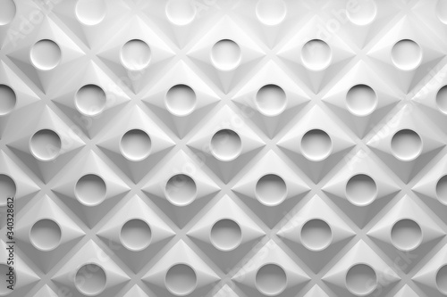 Geometric white pattern with abstract decorative square and round shapes. 3d illustration.