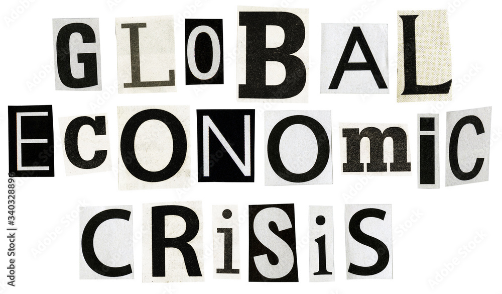 Global economic crisis text made of newspaper clippings