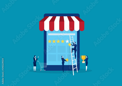 Businessman holding a gold star in hand, to give five. on shopping online smartphone vector.