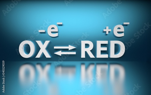 Concept illustration with equation of oz red chemical reaction. Electron transfer simplified scheme in bold white letters on blue background. 3d illustration.