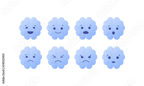Mind and basic emotions concept. Vector flat illustration set. Brain with fascial expression of happy, anger, sad, love, worry, envy and fear. Design element for banner, poster, ui, infographics.