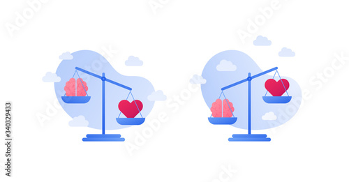 Mind and emotion intelligence concept. Vector flat illustration set. Human brain and heart shape on libra isolated on white background. Psychology health balance. Design element for banner, ui, logo