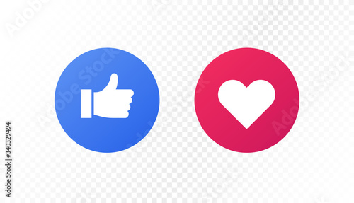 Social media icon concept. Vector flat illustration. Like thumb up and love heart sign in circle frame isolated on transparent background. Design element for banner, button, ui, post.