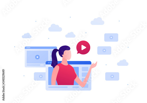 Social media blogger and telework concept. Vector flat person illustration. Woman talking from web site screen. Video play button icon. Design element for banner, ui, poster, ad, infographic