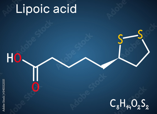 Lipoic acid, LA, ALA,  alpha lipoic, thioctic acid, lipoate molecule. It is organosulfur compound, vitamin-like antioxidant, enzyme cofactor. Dark blue background photo