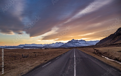 Ring Road at sunset, East Fjords, Iceland, Europe