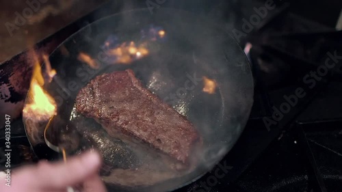 Chef Food Preparation Steak Meat Cooking Satay Sear Culinary Restaurant Flame