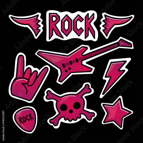 Stickers on the theme of rock: guitar, pick, skull, star, wings, lightning, rock sign. Kawaii illustration.