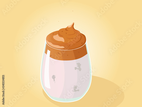 Dalgona coffee is a fluffy drink made by whipping in equal proportions instant coffee, sugar and hot water until it becomes creamy, and then adding it to cold or hot milk. Colored Vector Illustration.