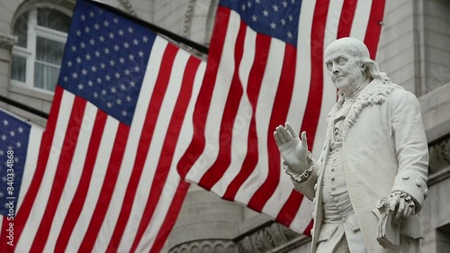 Time Lapse Washington DC American Flag USA Benjamin Franklin Statue Red White Blue United States America