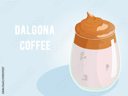 Dalgona coffee is a fluffy drink made by whipping in equal proportions instant coffee, sugar and hot water until it becomes creamy, and then adding it to cold or hot milk. Colored Vector Illustration.