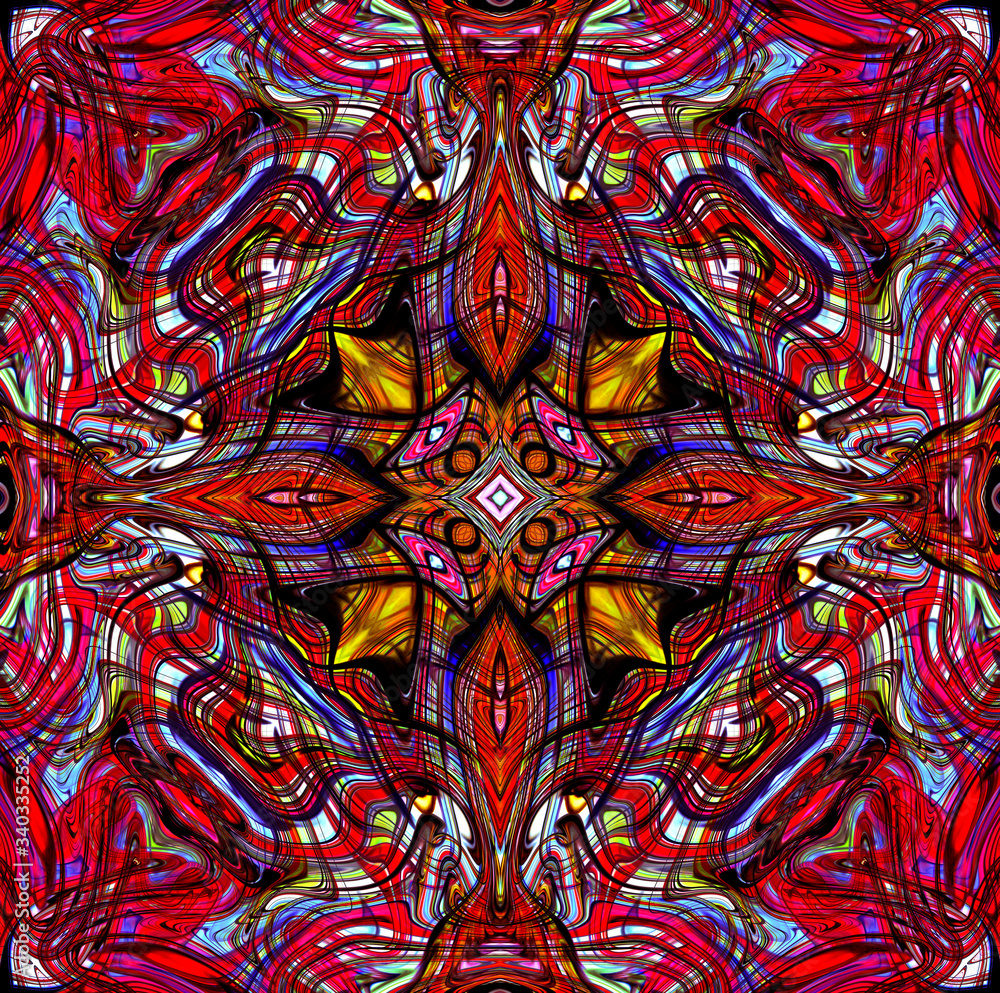 Multicolored red kaleidoscopic patterns, abstract square background for design
