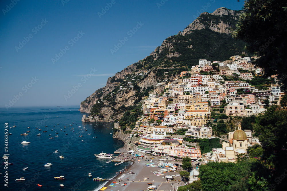 Houses and hotels built on rocks in the beautiful city of Positano in Italy