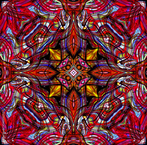 Multicolored red kaleidoscopic patterns, abstract square background for design © Helen Davies