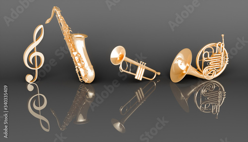 Tableau sur toile golden wind musical instruments on a black background