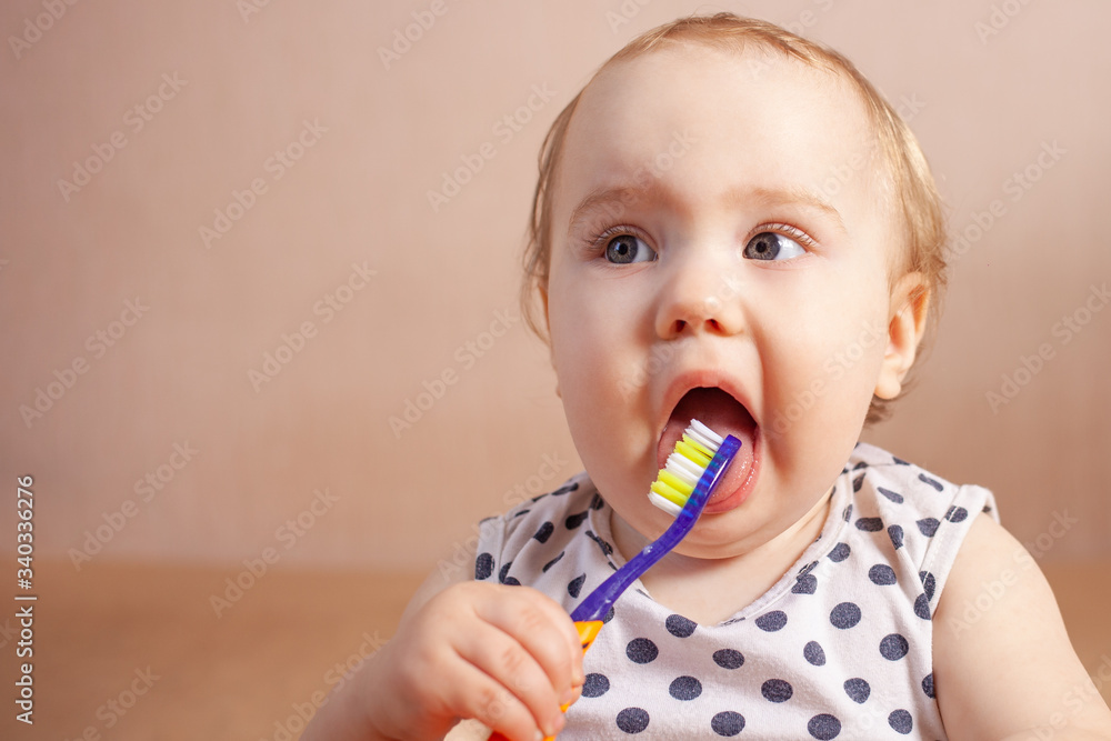 A child is studying a toothbrush. One year old girl is trying to brush her teeth. Girl sitting on the bed with a toothbrush in her hands. Empty space for text.
A child is studying a toothbrush. One year old girl is trying to brush her teeth. Girl sitting on the bed with a toothbrush in her hands. Empty space for text.